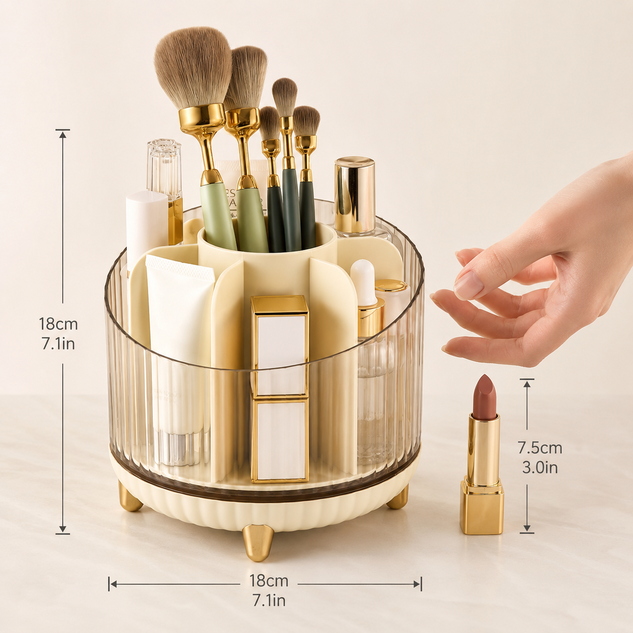 Makeup Organizer Box | Cosmetic Storage Holder with Brush Stand & Lipstick Compartments | Vanity Skincare Organizer