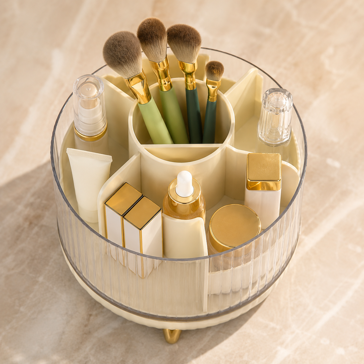 Makeup Organizer Box | Cosmetic Storage Holder with Brush Stand & Lipstick Compartments | Vanity Skincare Organizer