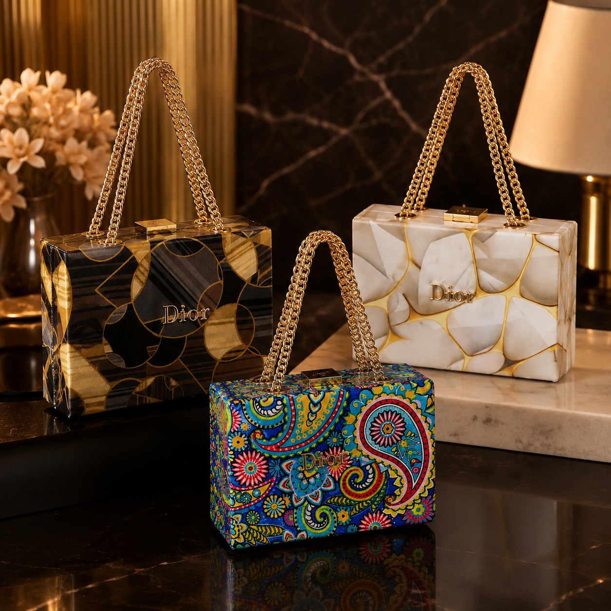 DIOR Luxury Printed Acrylic Box Clutch Bag with Gold Chain Handles