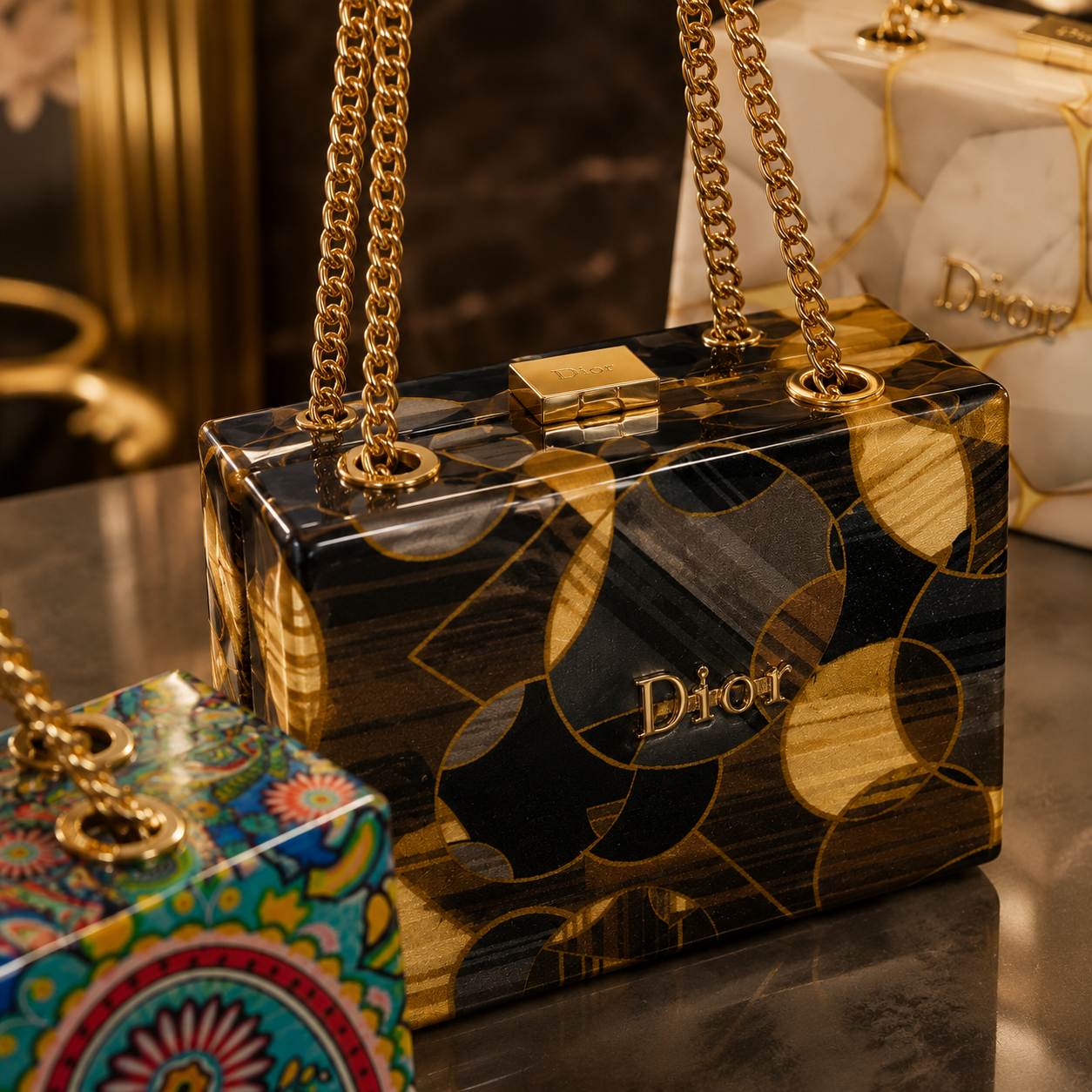 DIOR Luxury Printed Acrylic Box Clutch Bag with Gold Chain Handles