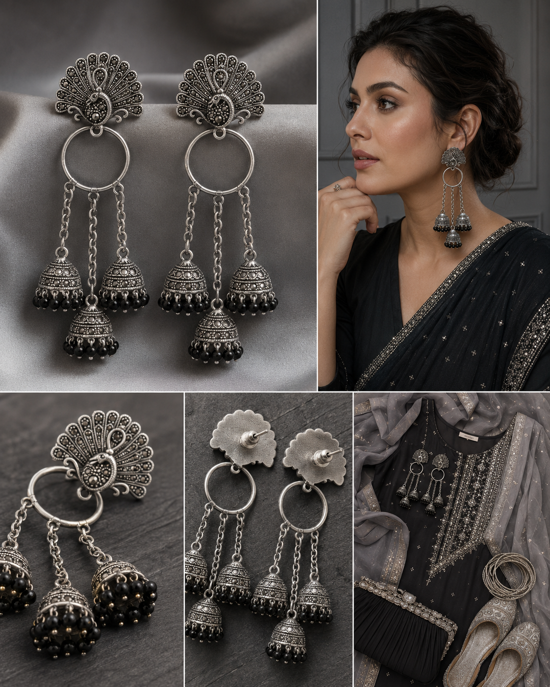 Oxidized Silver Peacock Chain Jhumka Earrings with Black Beads