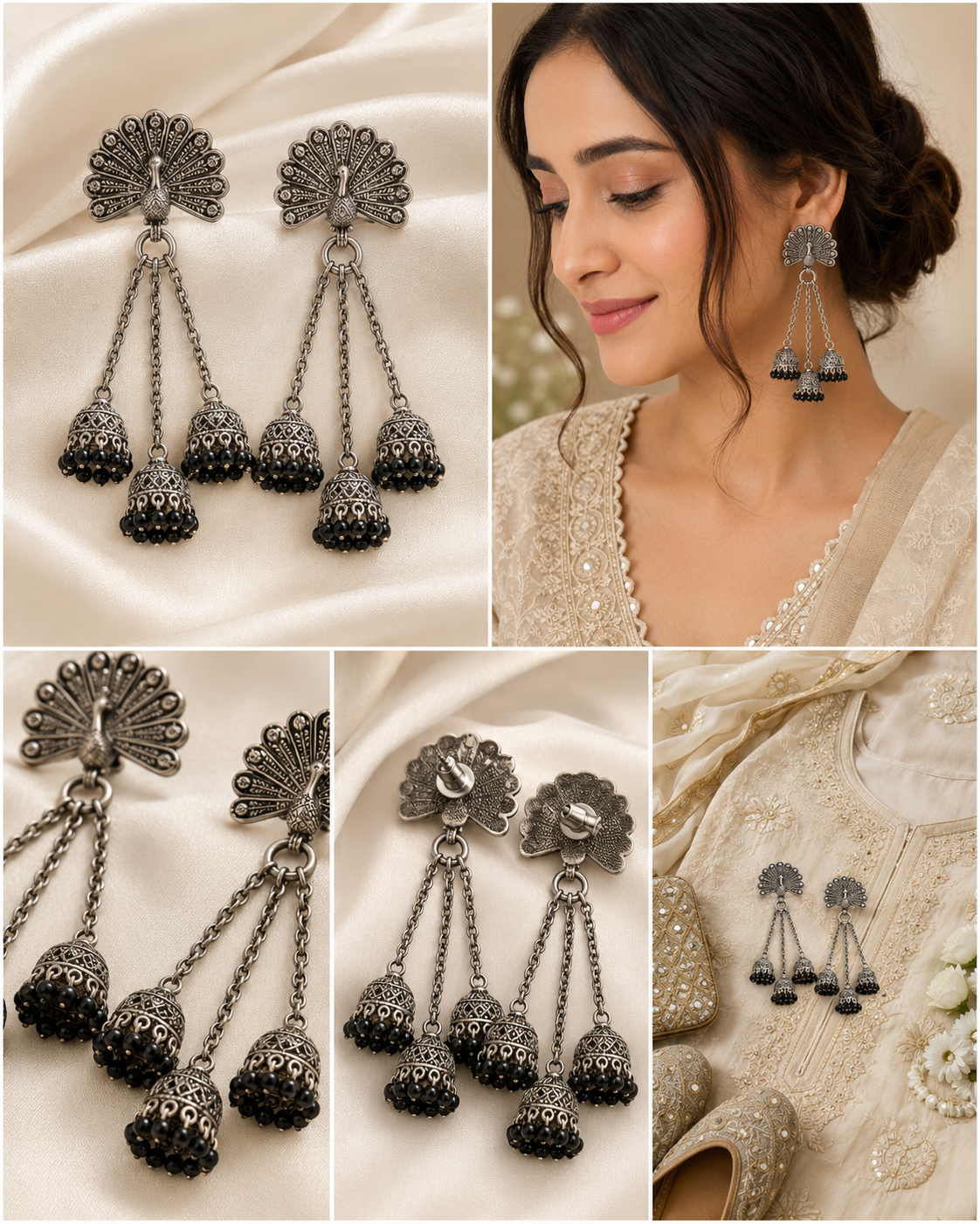 Oxidized Silver Peacock Chain Jhumka Earrings with Black Beads