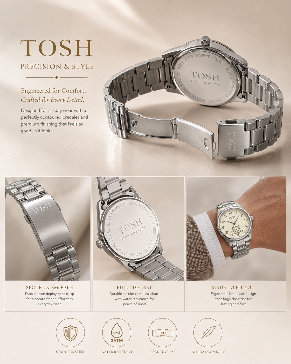 TOSH Precision & Style Stainless Steel Analog Watch for Couples