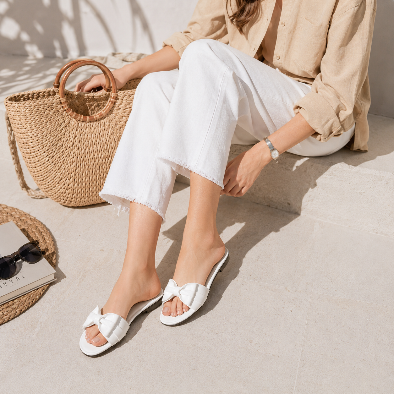 Glossy Bow Slide Sandals for Women