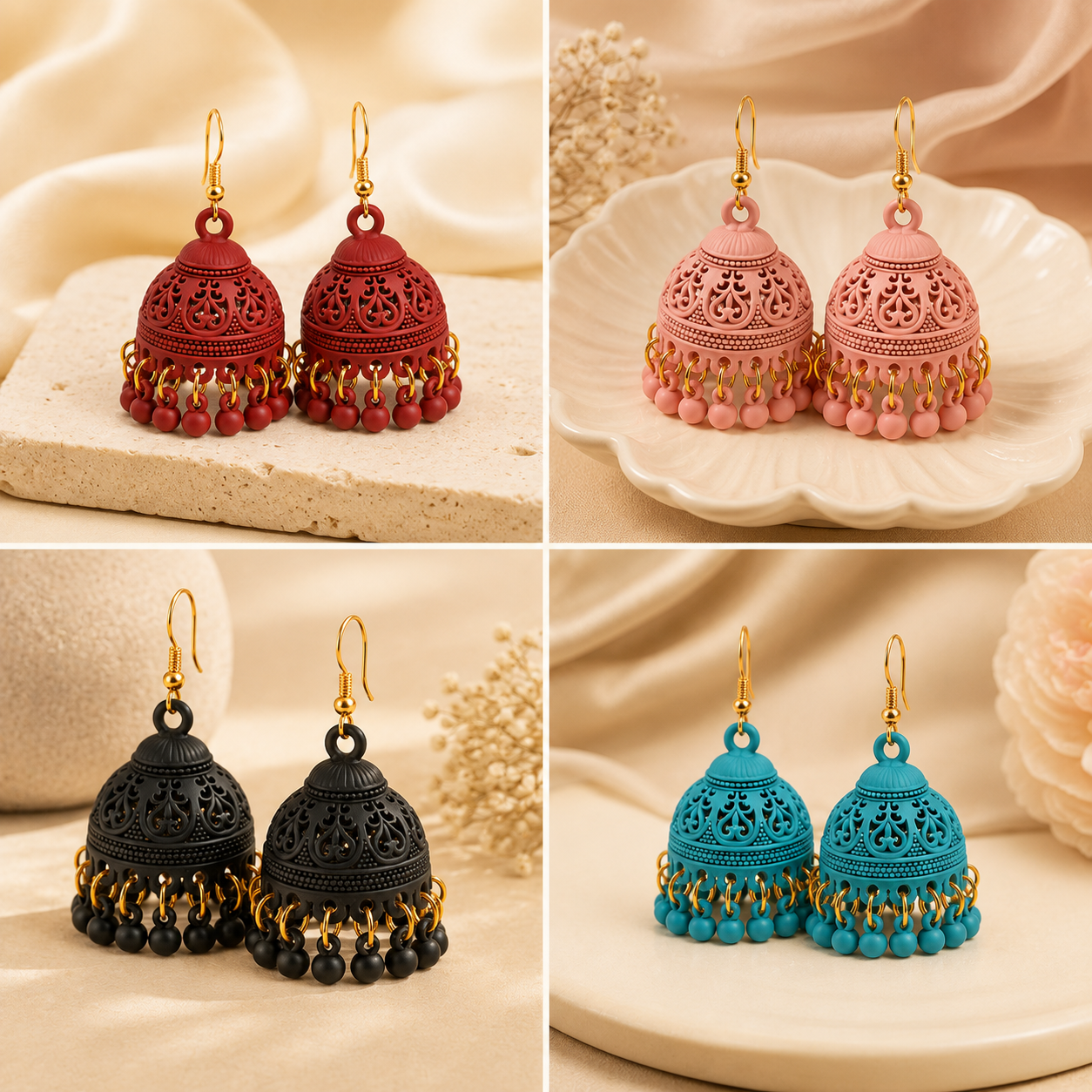 Matte Jhumka Earrings for Women – Traditional Bell Drop Earrings with Bead Tassels