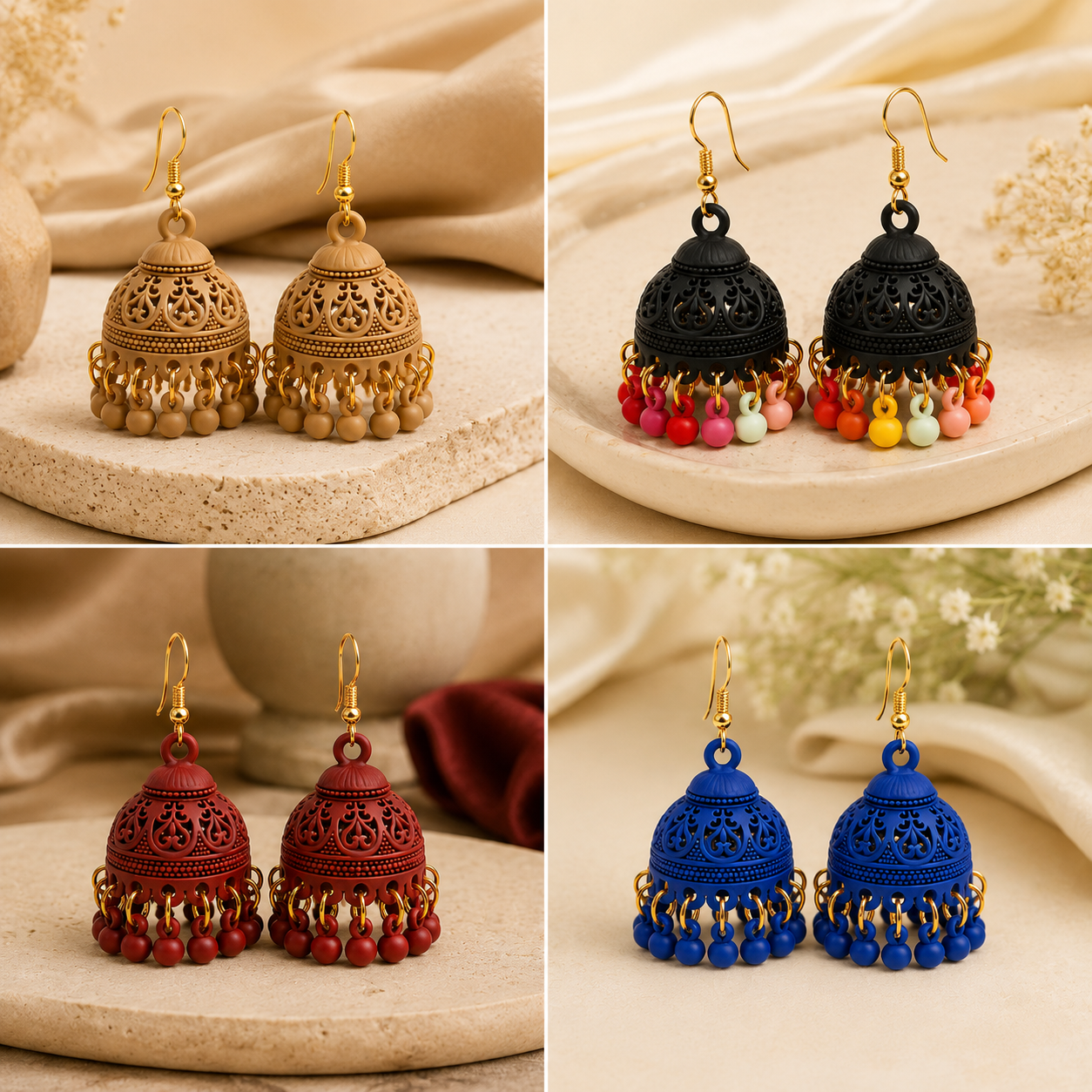 Matte Jhumka Earrings for Women – Traditional Bell Drop Earrings with Bead Tassels