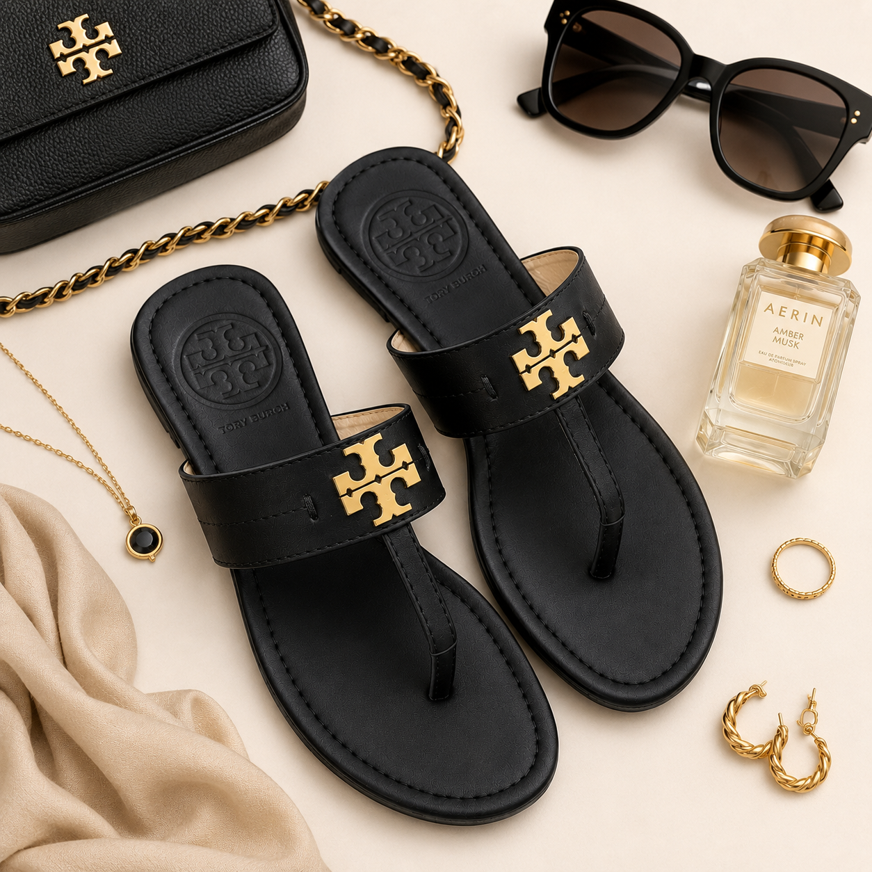Women’s White Gold Logo Slide Sandals – Premium Flat Summer Slippers
