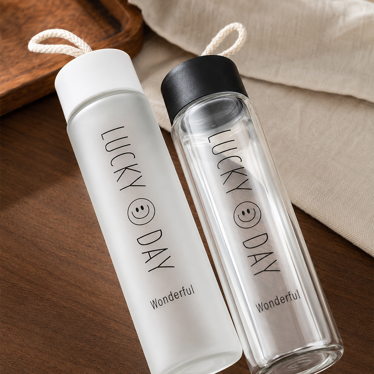 Lucky Day Premium Glass Water Bottle With Rope Handle | Reusable Juice & Drink Bottle