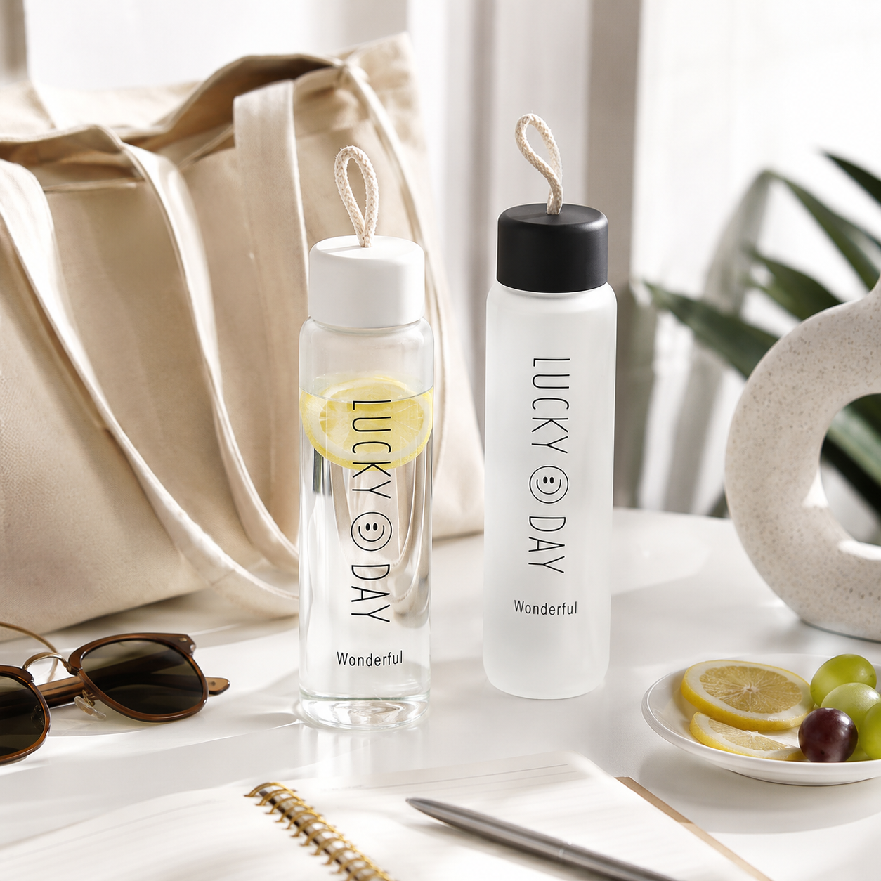 Lucky Day Premium Glass Water Bottle With Rope Handle | Reusable Juice & Drink Bottle