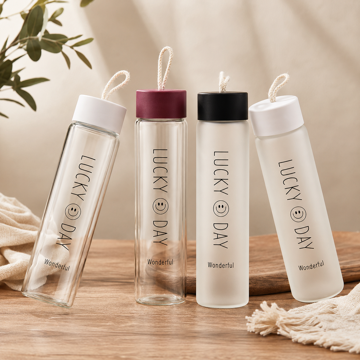 Lucky Day Premium Glass Water Bottle With Rope Handle | Reusable Juice & Drink Bottle