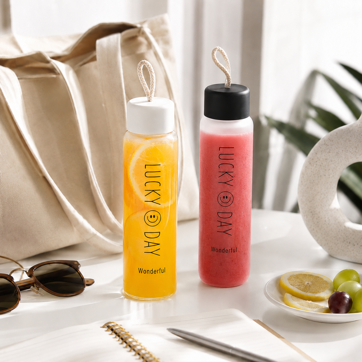 Lucky Day Premium Glass Water Bottle With Rope Handle | Reusable Juice & Drink Bottle