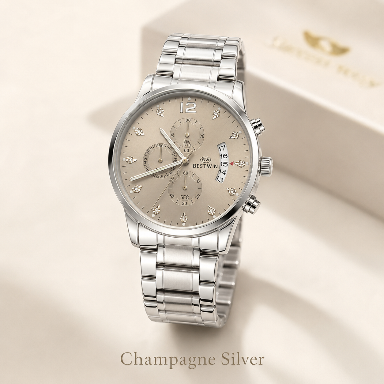 Luxury BESTWIN Chronograph Men’s Wrist Watch | Stainless Steel Diamond Dial Fashion Watch