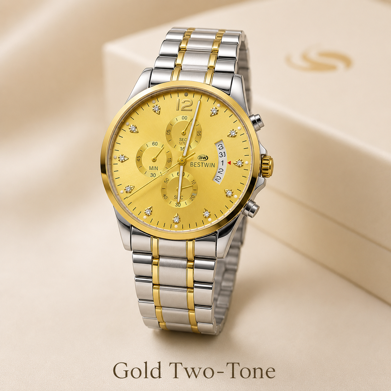Luxury BESTWIN Chronograph Men’s Wrist Watch | Stainless Steel Diamond Dial Fashion Watch