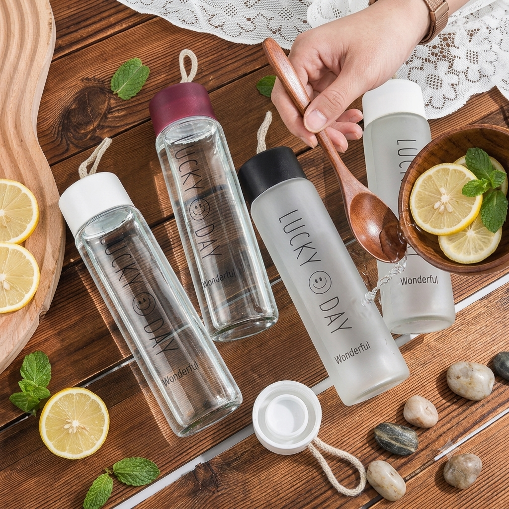 Lucky Day Premium Glass Water Bottle With Rope Handle | Reusable Juice & Drink Bottle