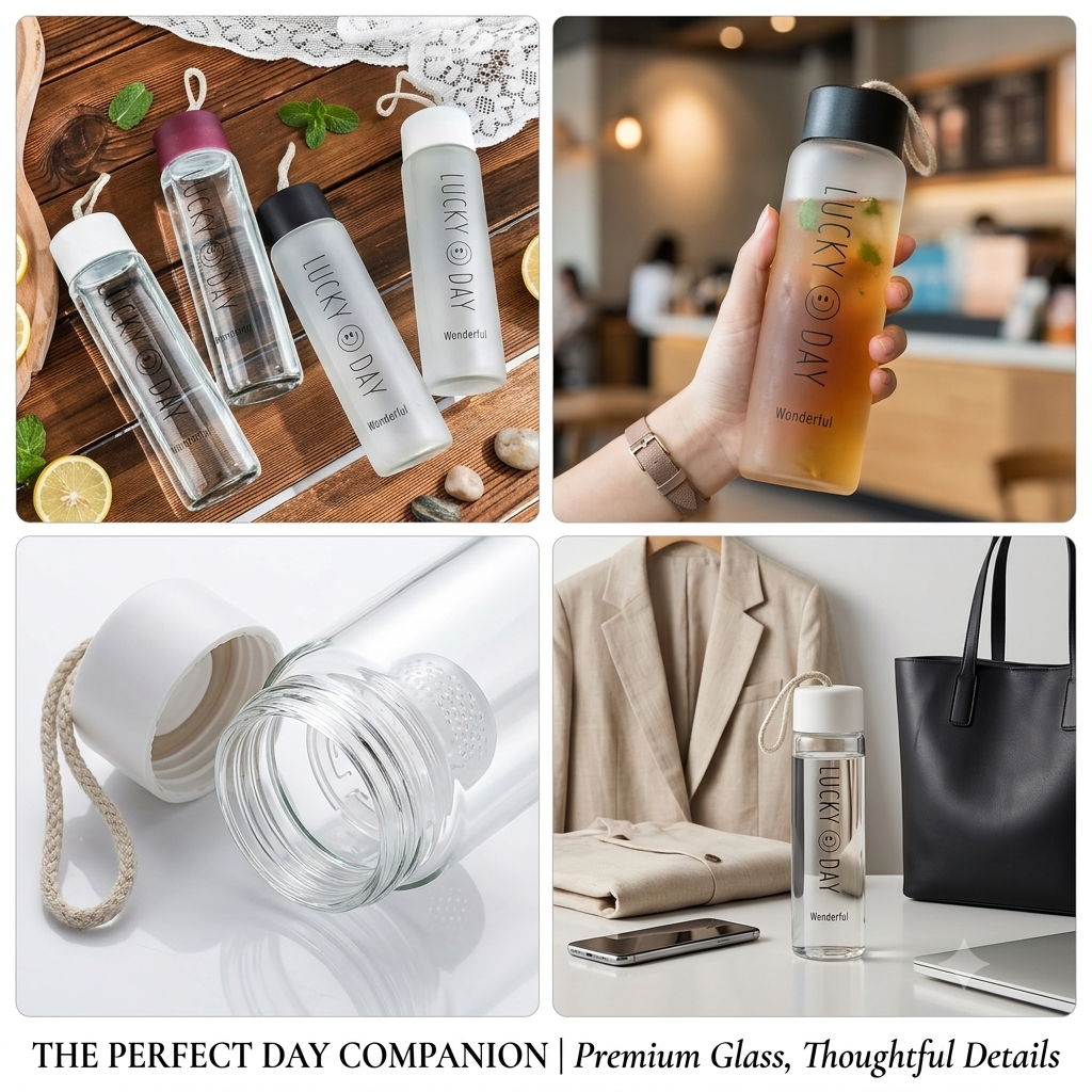 Lucky Day Premium Glass Water Bottle With Rope Handle | Reusable Juice & Drink Bottle