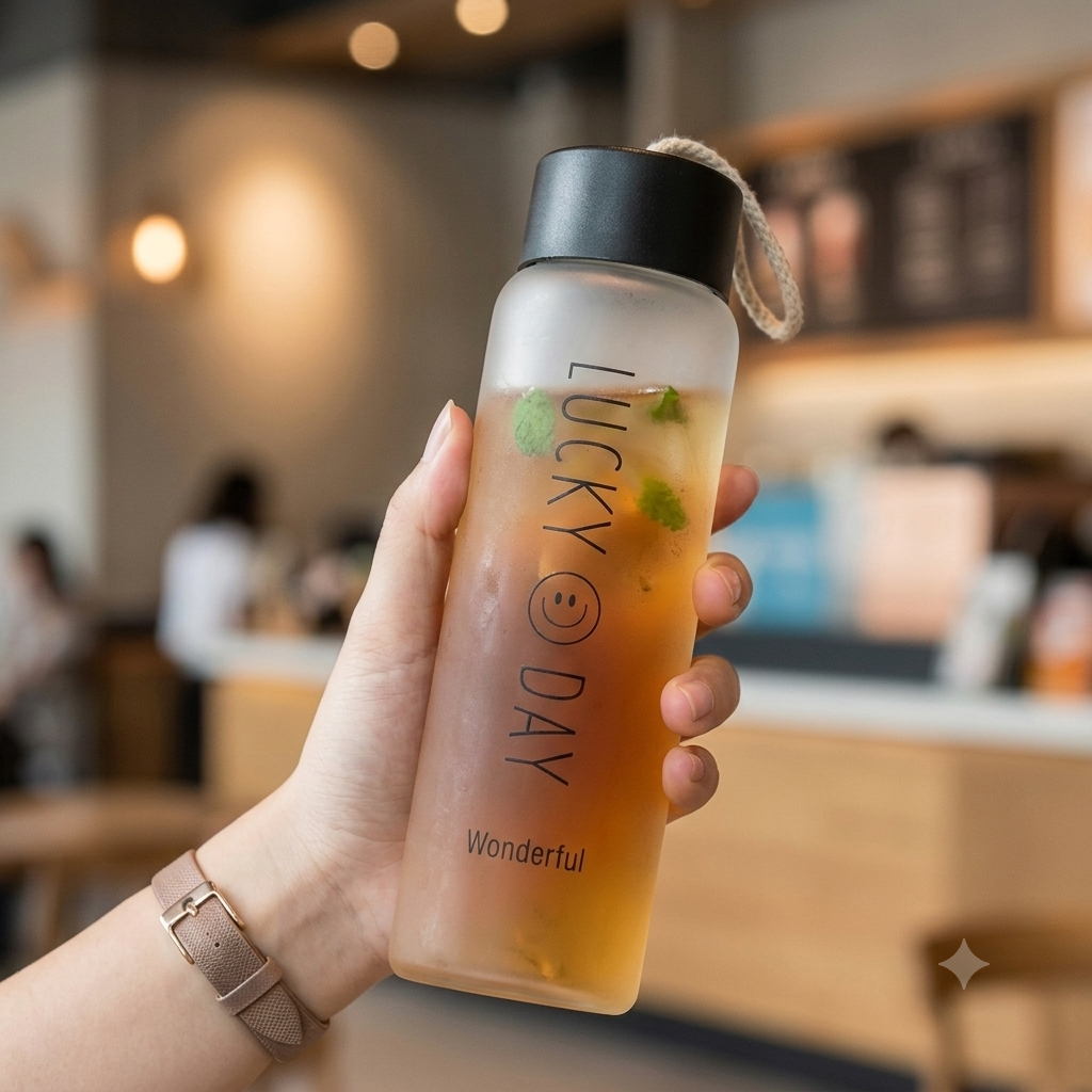 Lucky Day Premium Glass Water Bottle With Rope Handle | Reusable Juice & Drink Bottle