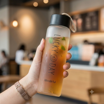 Lucky Day Premium Glass Water Bottle With Rope Handle | Reusable Juice & Drink Bottle