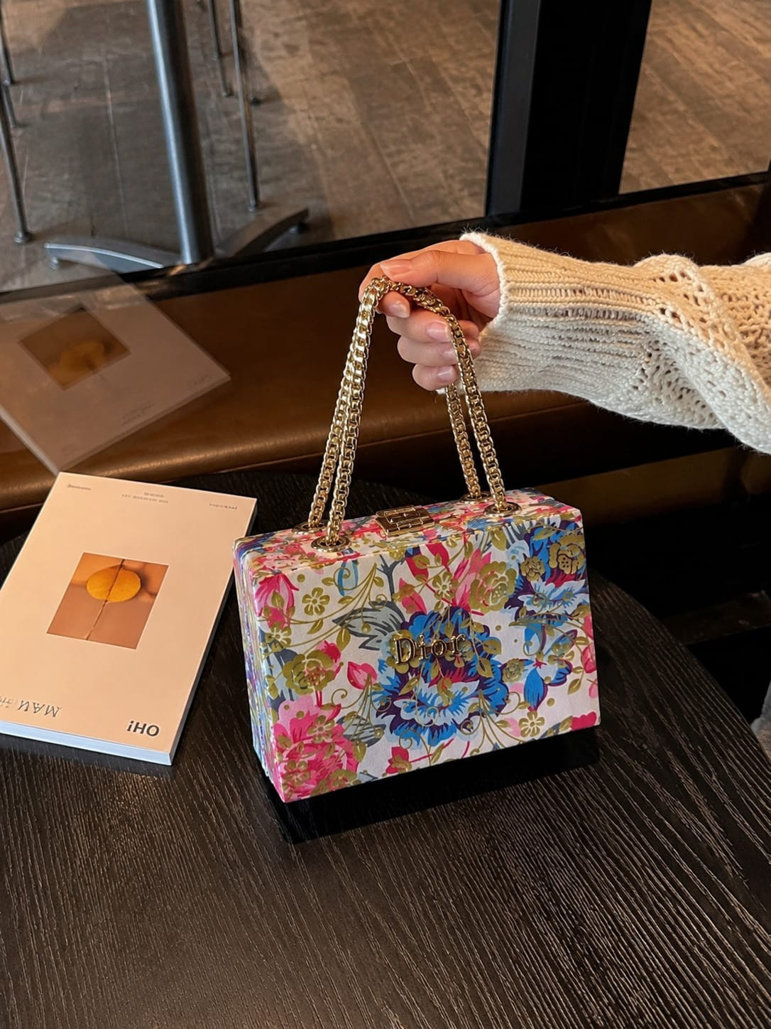 DIOR Luxury Printed Acrylic Box Clutch Bag with Gold Chain Handles