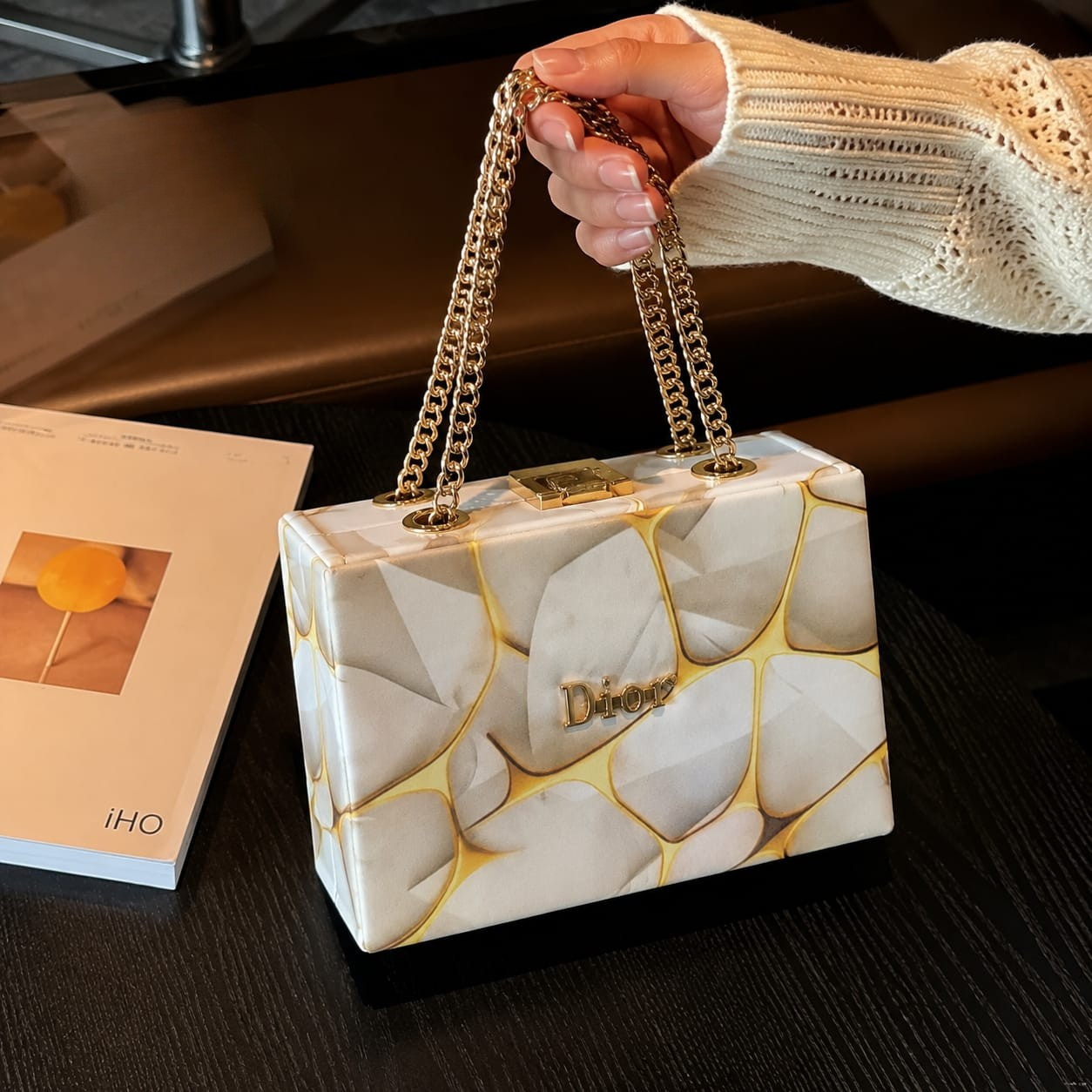 DIOR Luxury Printed Acrylic Box Clutch Bag with Gold Chain Handles