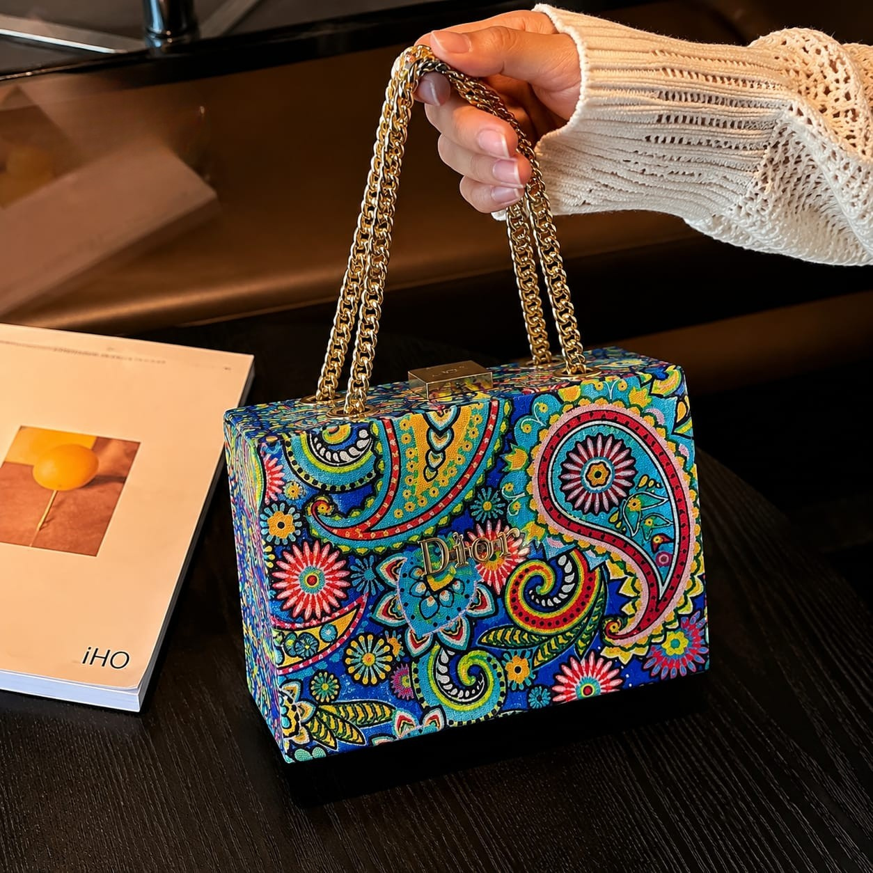 DIOR Luxury Printed Acrylic Box Clutch Bag with Gold Chain Handles