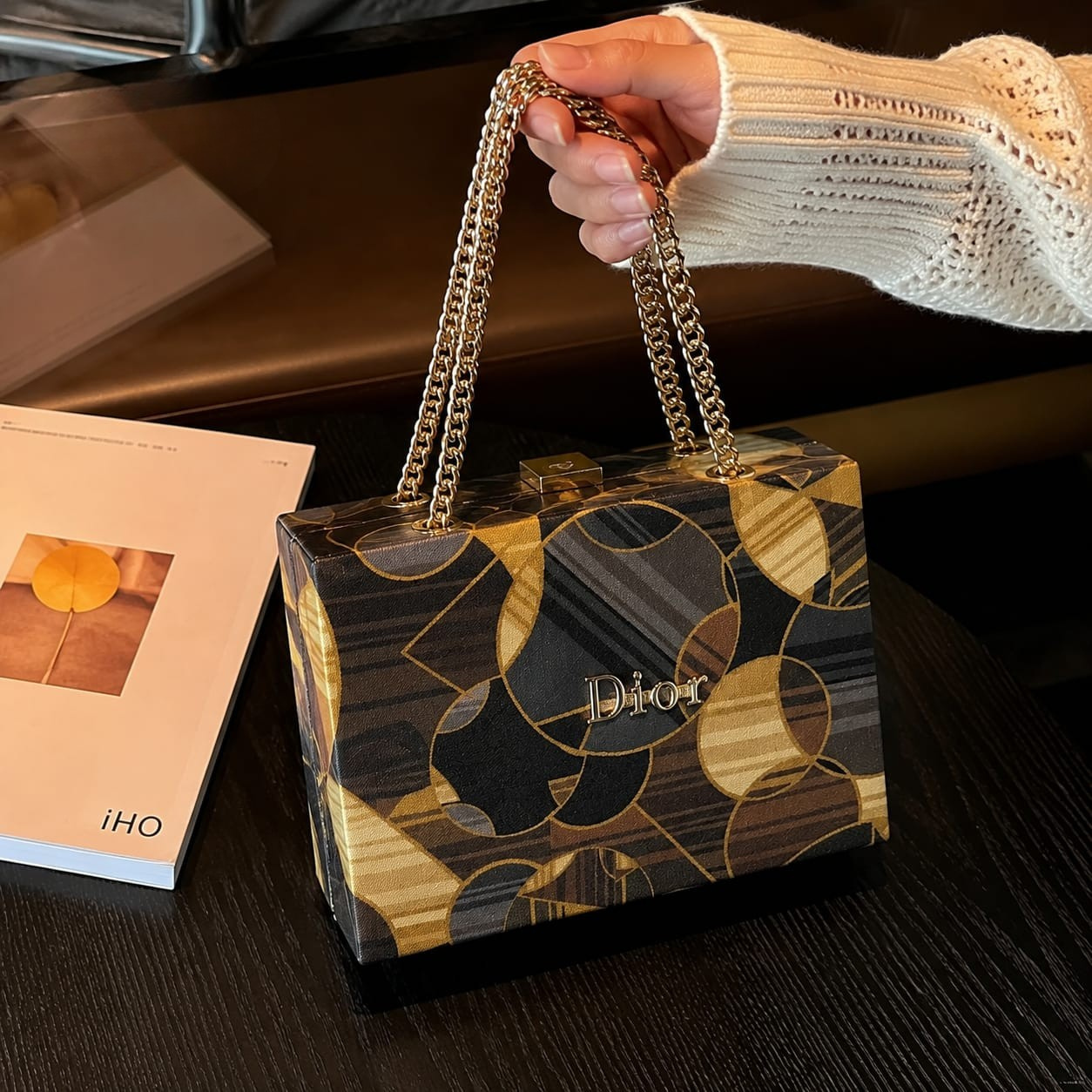 DIOR Luxury Printed Acrylic Box Clutch Bag with Gold Chain Handles