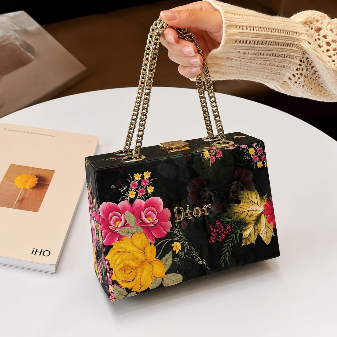 DIOR Luxury Printed Acrylic Box Clutch Bag with Gold Chain Handles