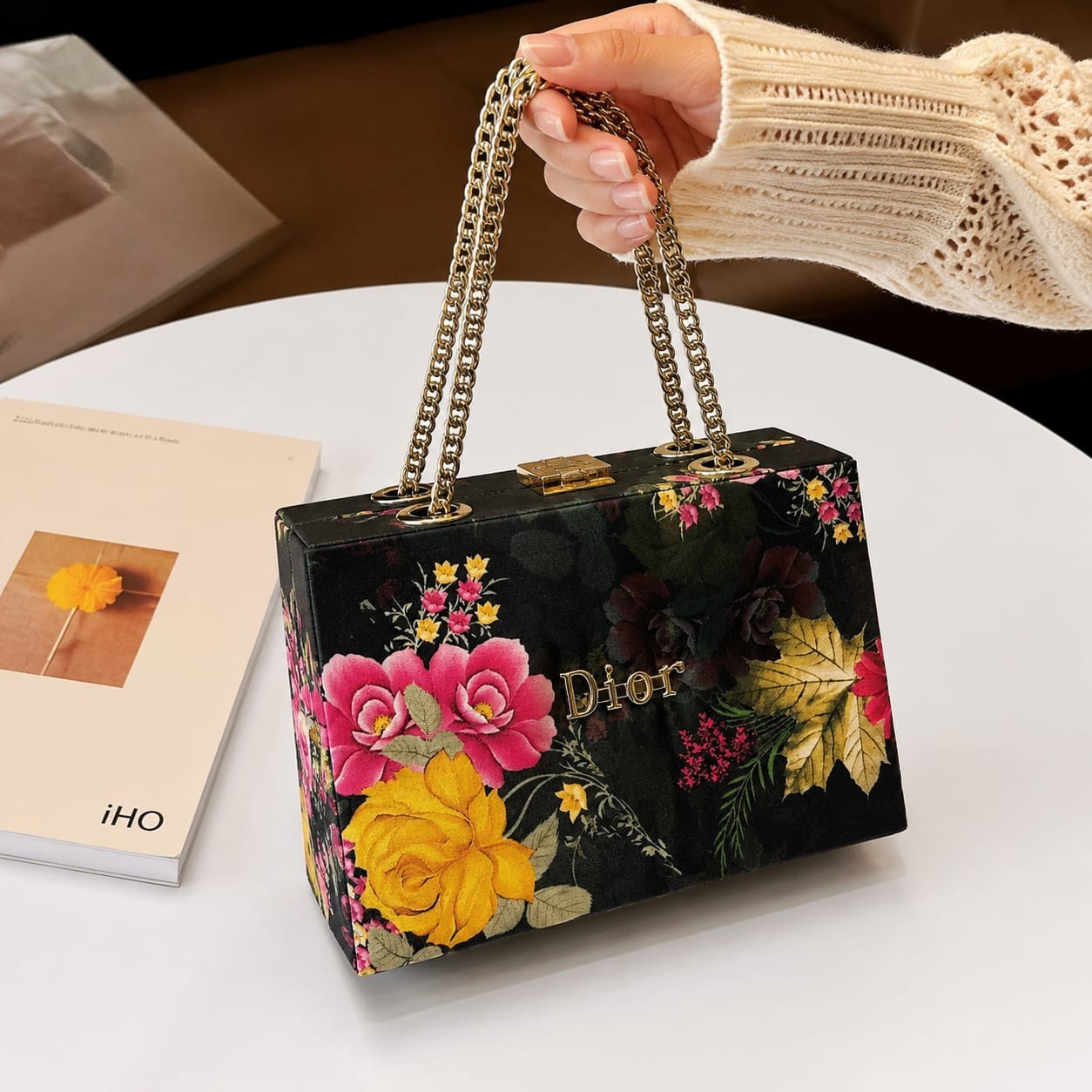 DIOR Luxury Printed Acrylic Box Clutch Bag with Gold Chain Handles