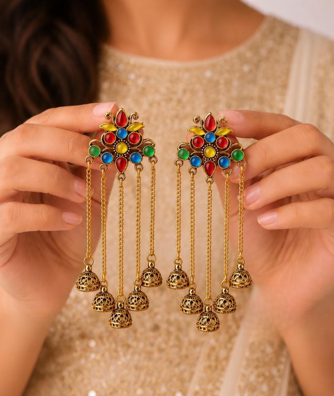 Traditional Indian Tribal Multi-Color Dangling Jhumka Earrings