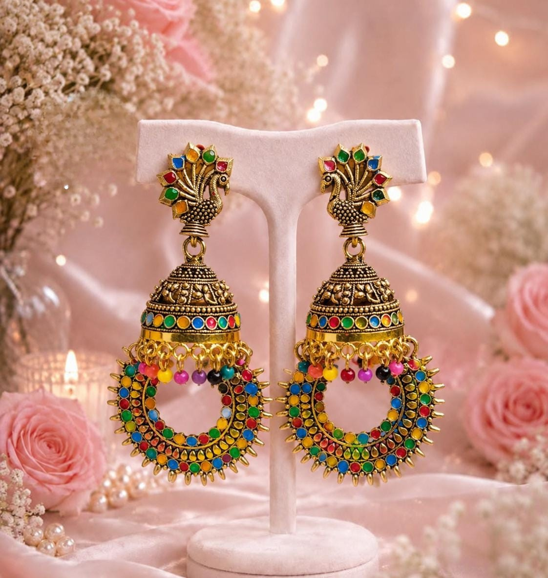 Traditional Indian Tribal Multi-Color Dangling Jhumka Earrings