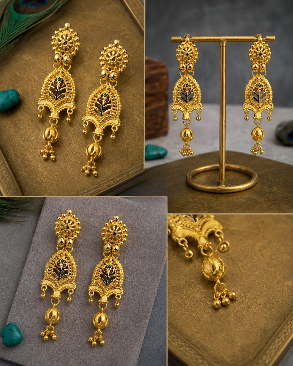 South Indian Style Long Meenakari Screw Earrings – Antique Gold Finish