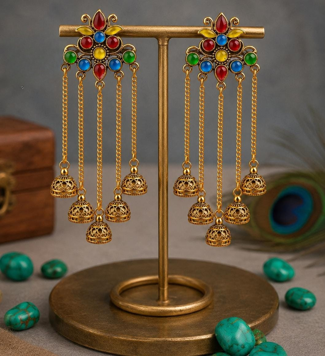 Traditional Indian Tribal Multi-Color Dangling Jhumka Earrings