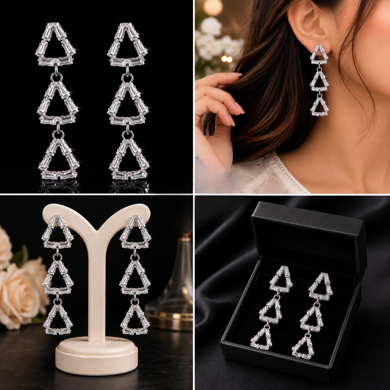 Silver Crystal Triple Triangle Drop Earrings for Women