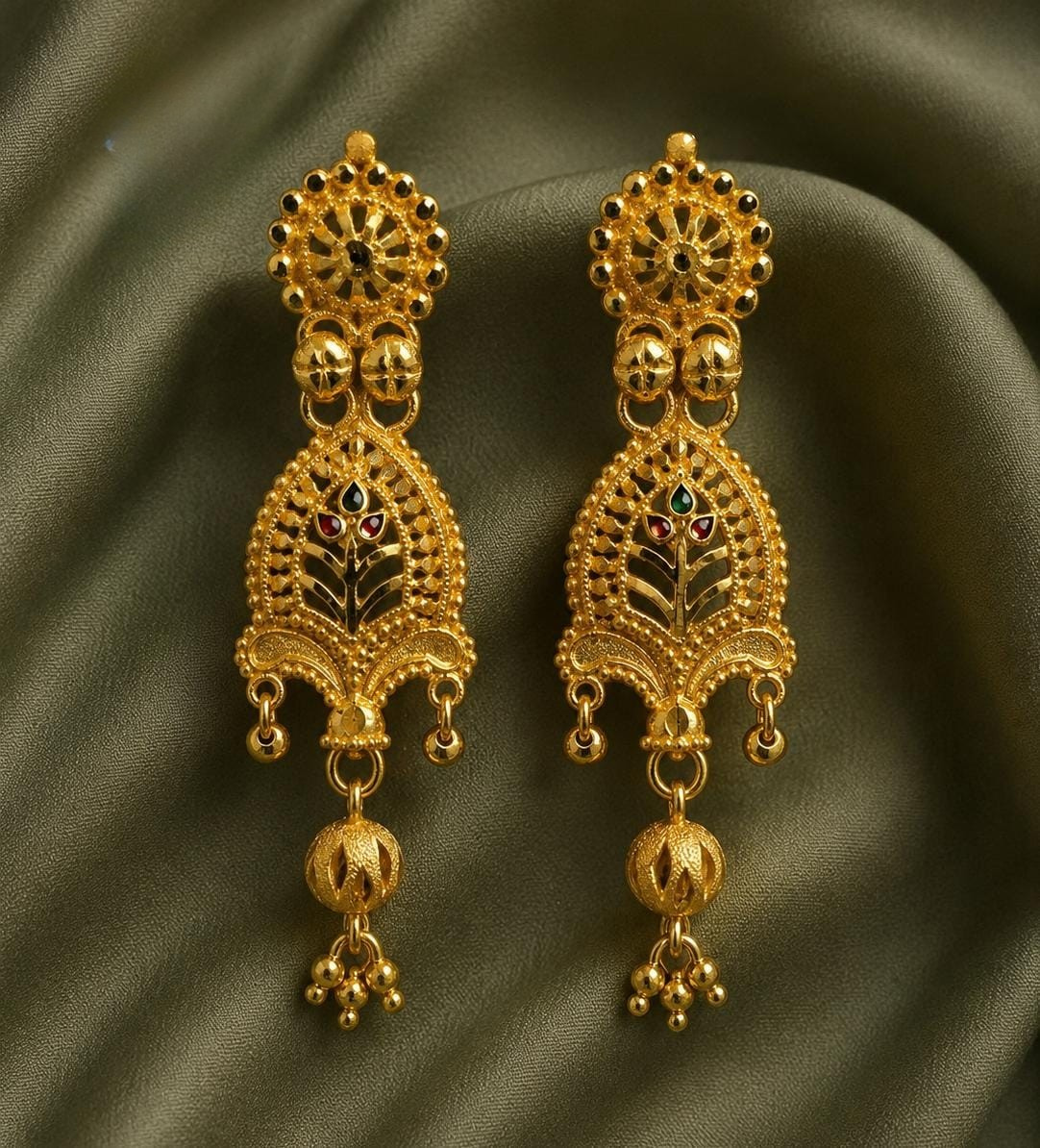 South Indian Style Long Meenakari Screw Earrings – Antique Gold Finish
