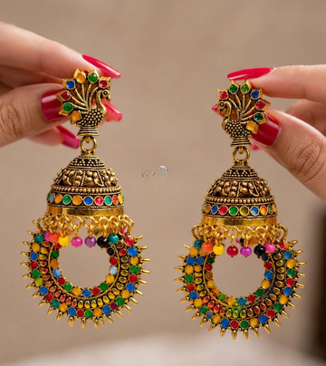 Traditional Indian Tribal Multi-Color Dangling Jhumka Earrings
