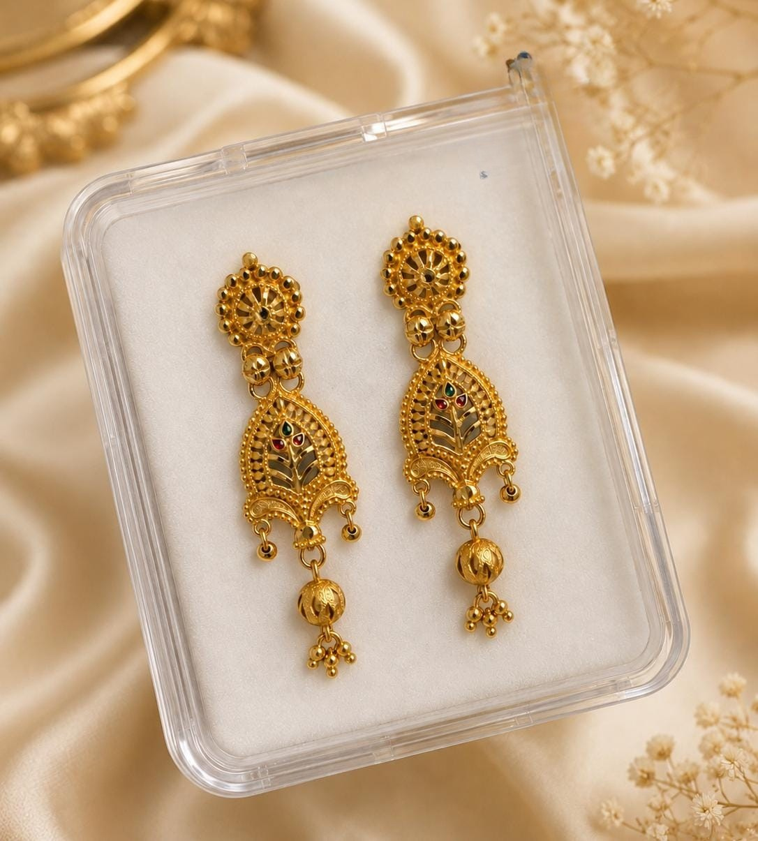 South Indian Style Long Meenakari Screw Earrings – Antique Gold Finish