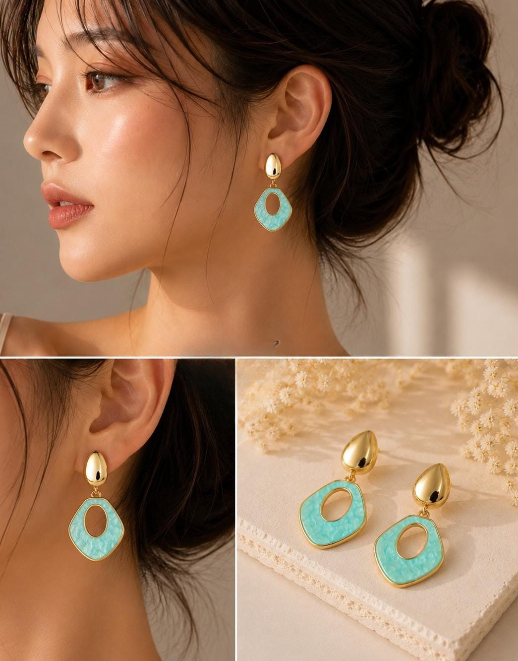 New Arrival Korean Style Geometric Earrings | Turquoise Silver Dangle Studs for Girls