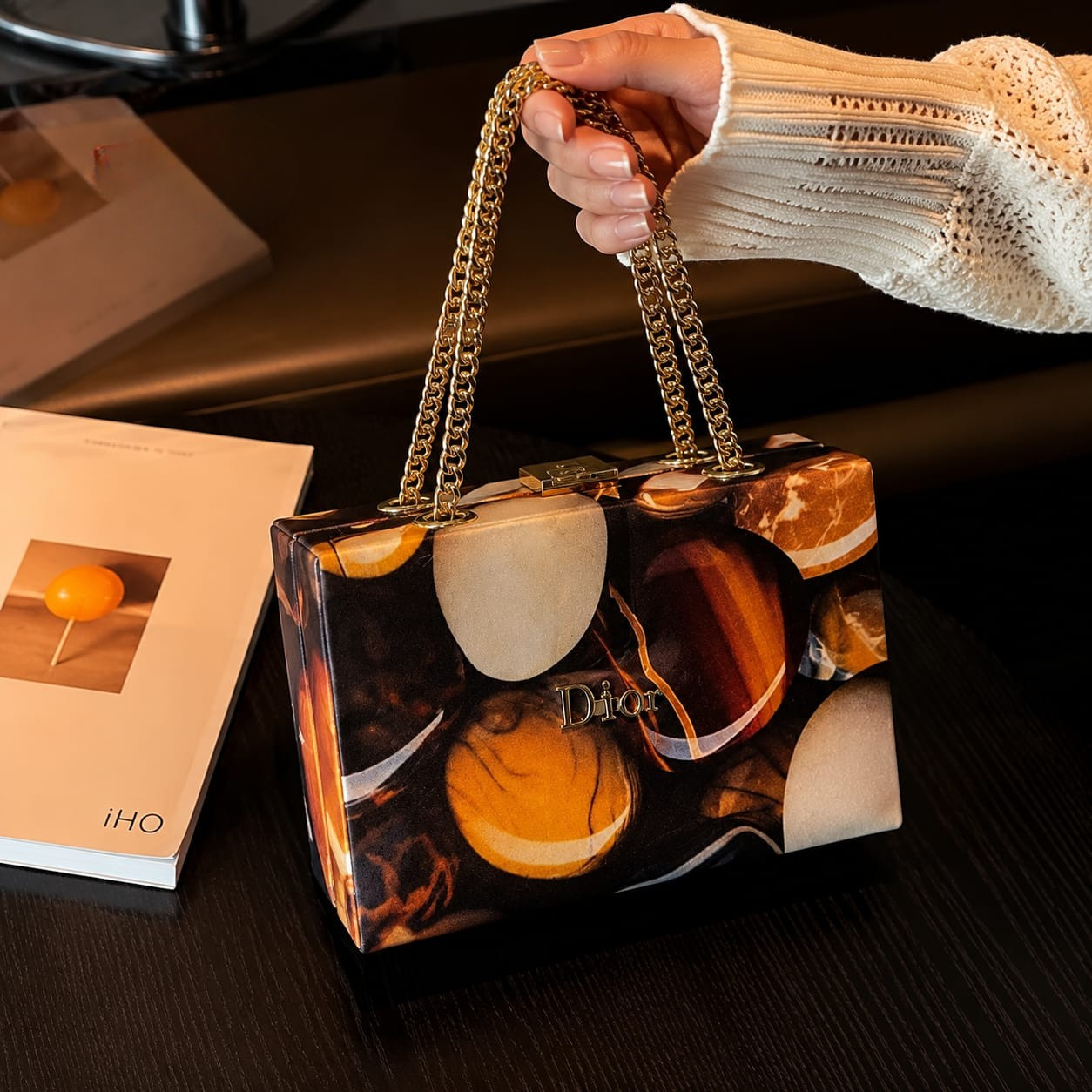 DIOR Luxury Printed Acrylic Box Clutch Bag with Gold Chain Handles