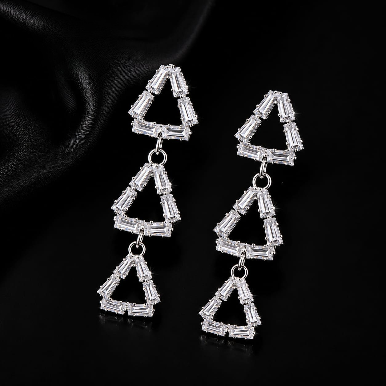 Silver Crystal Triple Triangle Drop Earrings for Women