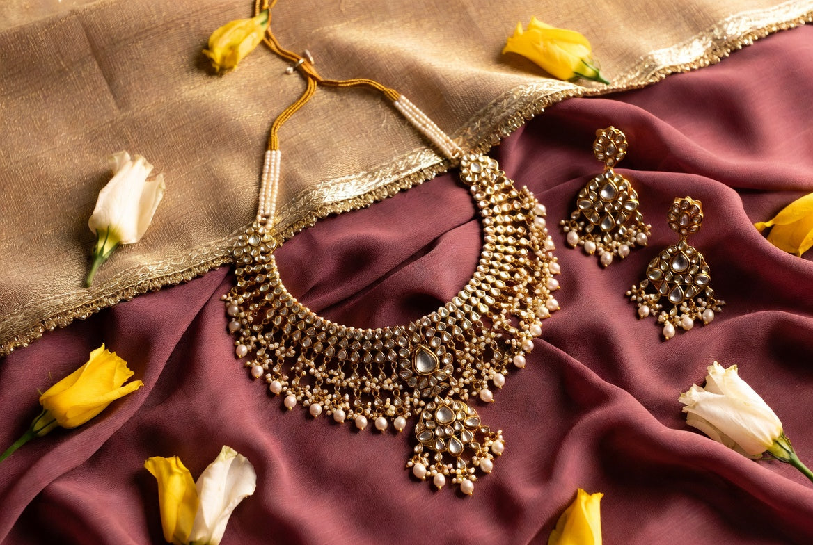 Royal Gold Kundan Pearl Bridal Necklace Set with Earrings & Maang Tikka