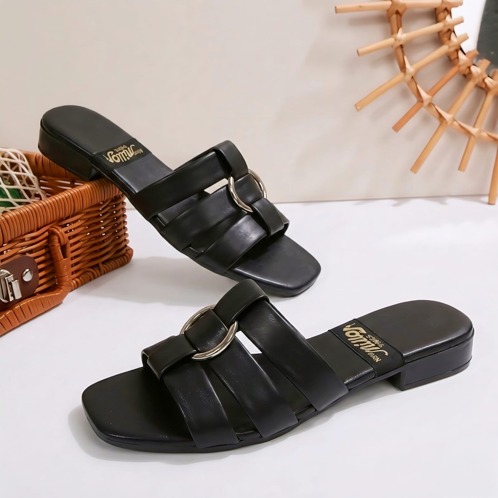 Women’s Triple-Strap Flat Sandals with Gold Ring Detail