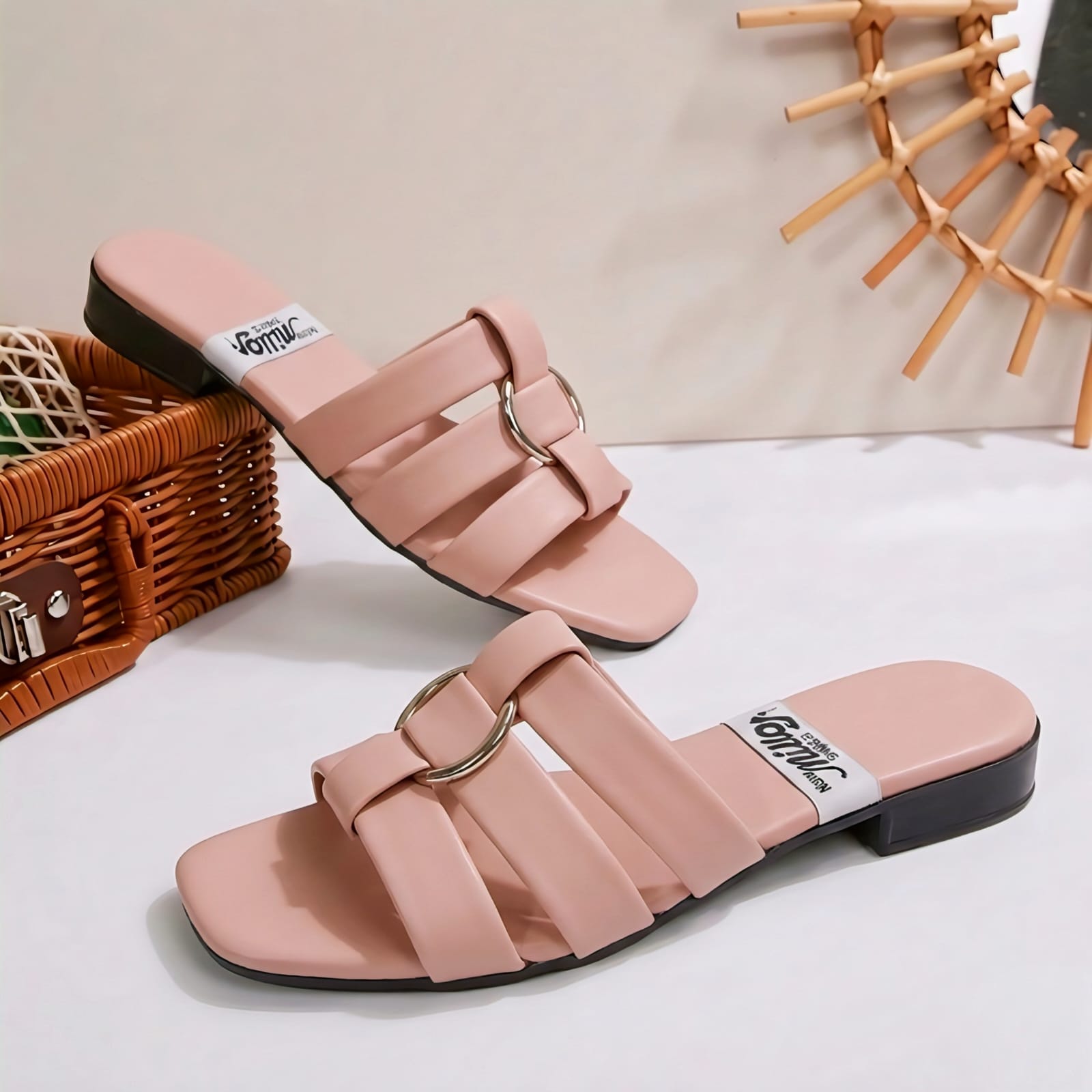 Women’s Triple-Strap Flat Sandals with Gold Ring Detail