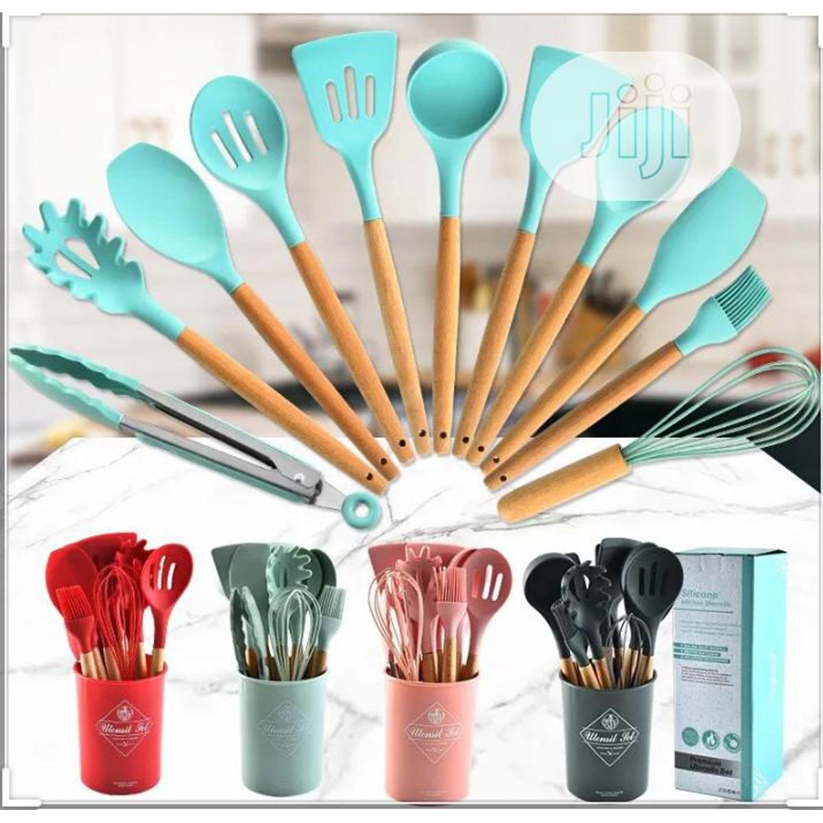 12 PCS Silicone Kitchen Utensil Set with Wooden Handles – Heat Resistant Cooking Tools Set with Holder