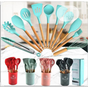 12 PCS Silicone Kitchen Utensil Set with Wooden Handles – Heat Resistant Cooking Tools Set with Holder