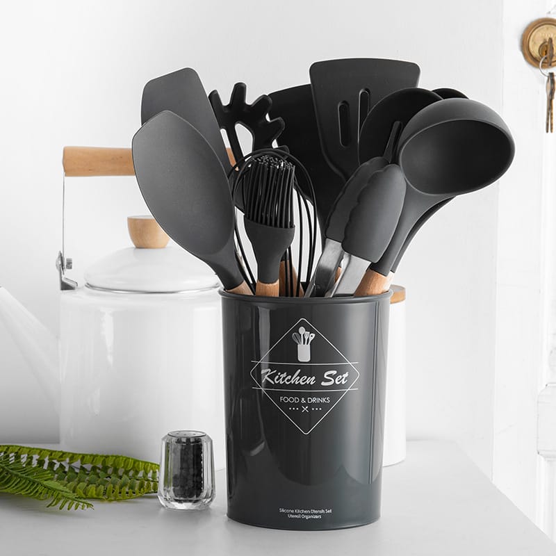 12 PCS Silicone Kitchen Utensil Set with Wooden Handles – Heat Resistant Cooking Tools Set with Holder