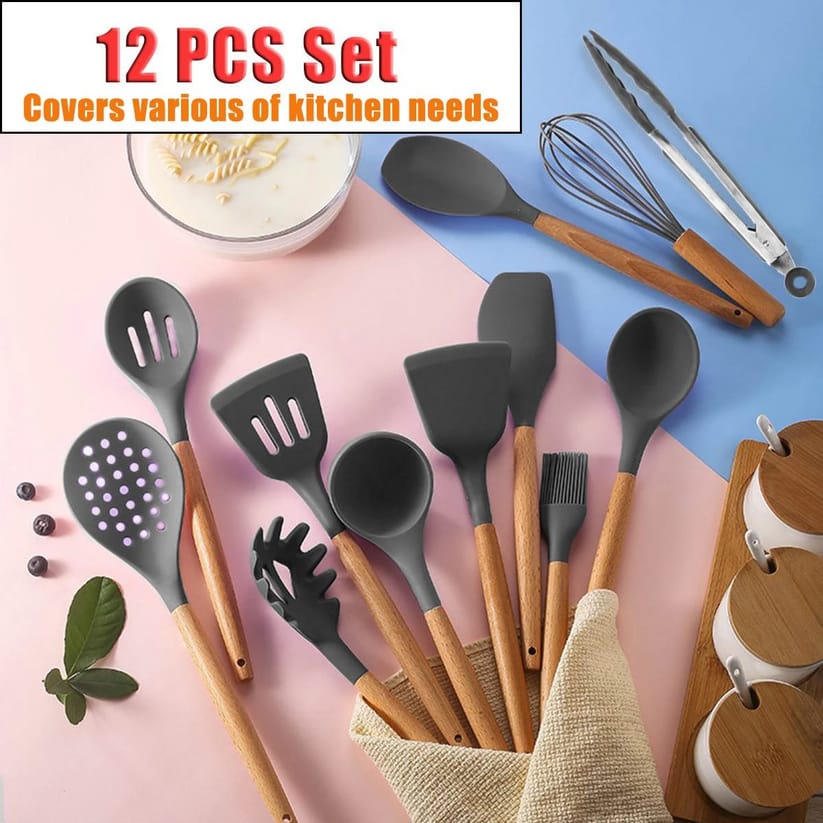 12 PCS Silicone Kitchen Utensil Set with Wooden Handles – Heat Resistant Cooking Tools Set with Holder