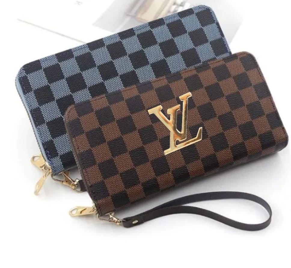 Premium Checkered Zip-Around Long Wallet with Wrist Strap