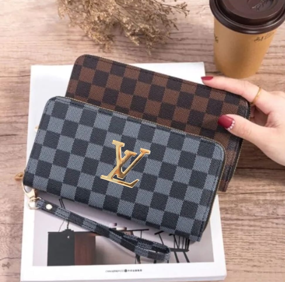 Premium Checkered Zip-Around Long Wallet with Wrist Strap