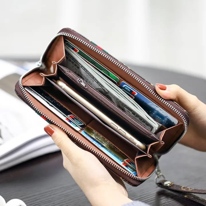 Premium Checkered Zip-Around Long Wallet with Wrist Strap
