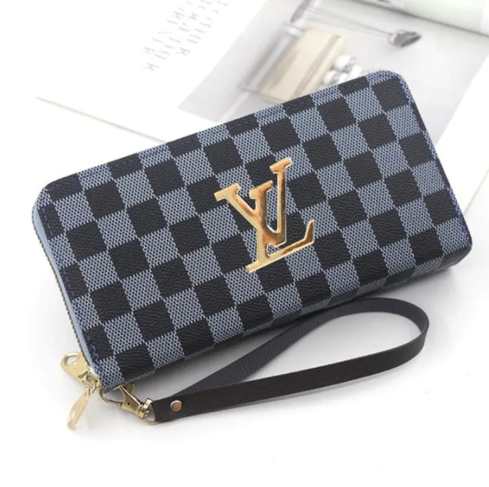Premium Checkered Zip-Around Long Wallet with Wrist Strap