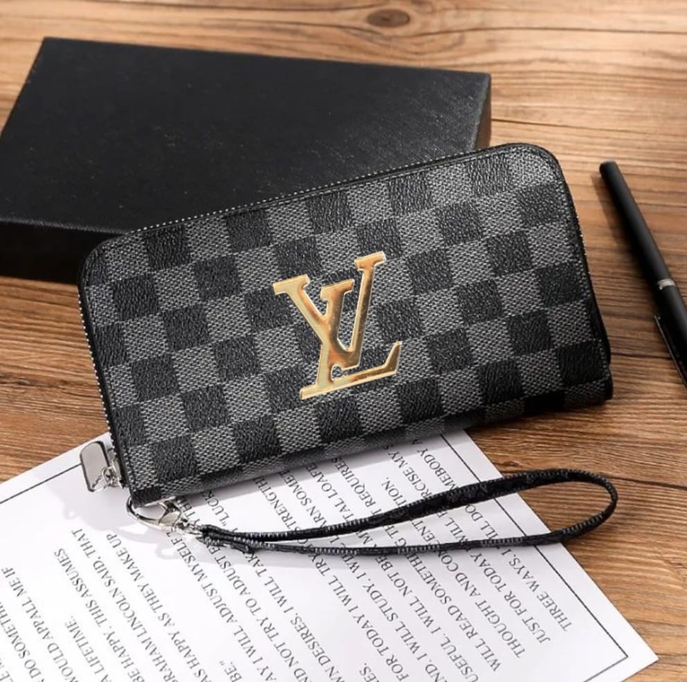 Premium Checkered Zip-Around Long Wallet with Wrist Strap